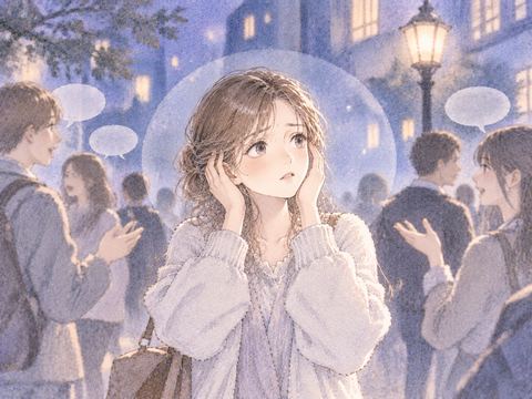 両耳の音が消え静かな空間に立つ女性