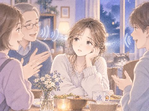 家族が話す声を聞き取れず見つめる女性