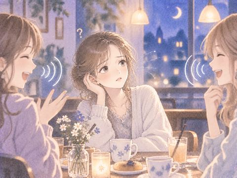 友人の会話を聞き取れず戸惑う女性