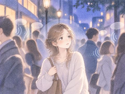 知らない人々の声が遠ざかる中に立つ女性