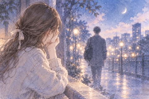 好きな人を遠くから見つめる切なげな女性