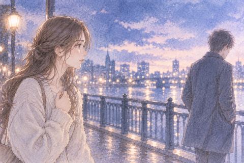 距離を置く恋人を不安そうに見つめる女性