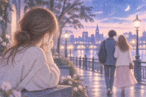 寄り添う二人を遠くから見つめる女性