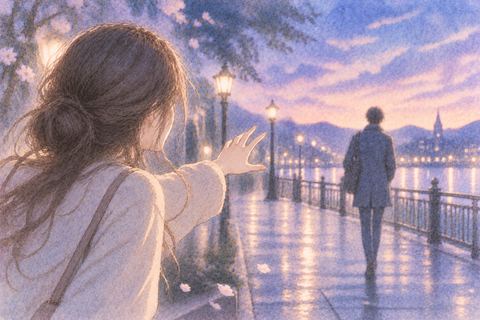 遠ざかる相手へ手を伸ばす女性