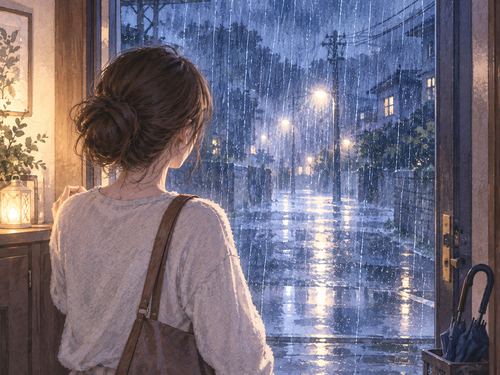 外へ出ようとして大雨を前に立ち止まる人
