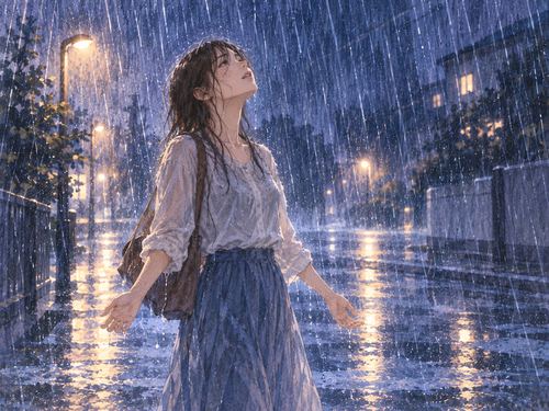 大雨の中で全身が濡れて立つ人物