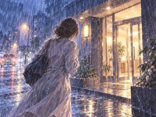 大雨の外から明るい建物へ避難する人物