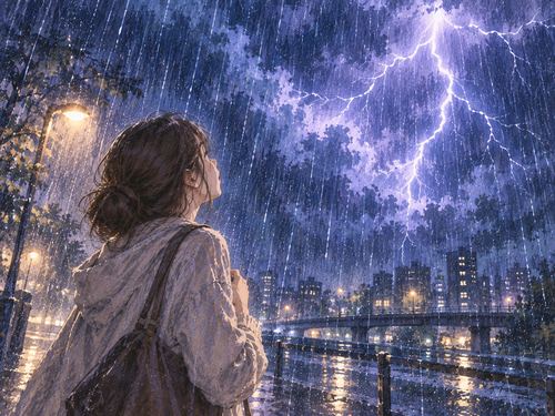 大雨の夜空に稲光が走る場面