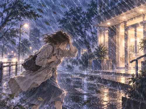 大雨と強風の中で踏ん張る人物