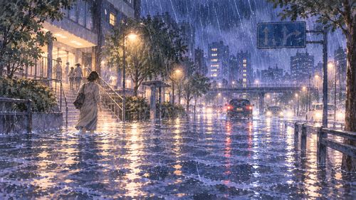 大雨で道路が浅く冠水した夜の街