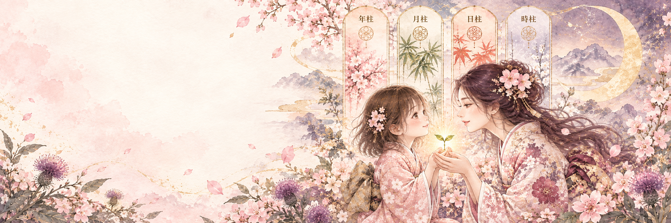 子どもと大人のアザミが芽を包み、四柱が並ぶ水彩画