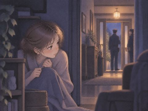 室内に隠れ遠くの警察官の気配をうかがう人物