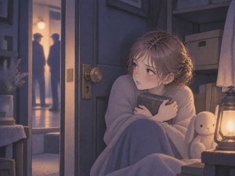 大切な物を抱えて鍵のかかる部屋に隠れる人物