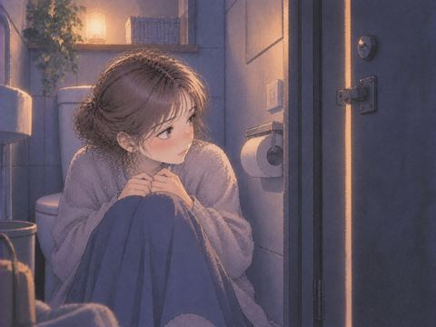 トイレの個室で扉を閉めて静かに身を寄せる人物