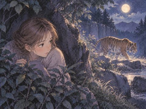 草木の陰から遠くの虎をうかがう人物