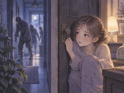 閉じた扉の内側でゾンビをやり過ごす人物