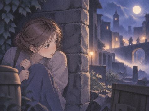 丈夫な壁の陰へ身を寄せて隠れる人物
