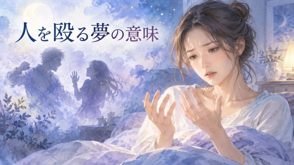 目覚めて手を見つめる女性と夢の中の二人の影