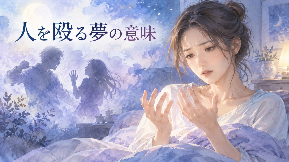 目覚めて手を見つめる女性と夢の中の二人の影