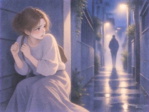 追い詰められ身構える人物と遠い人影