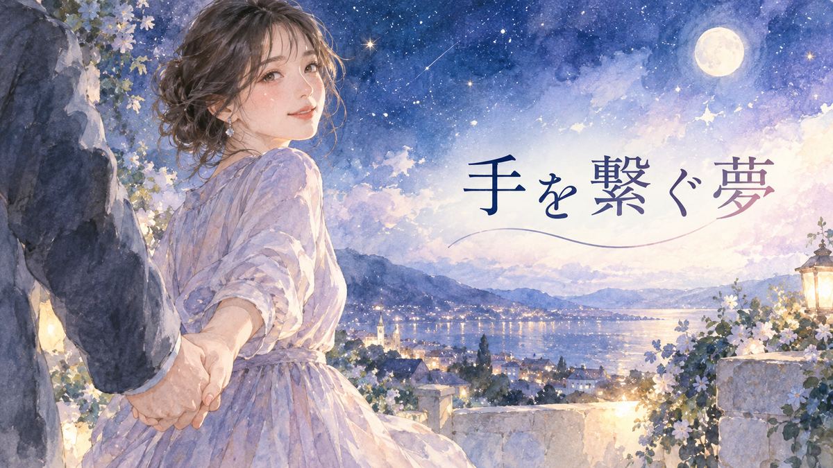 夜空の下で誰かと手を繋ぎ振り返る大人の女性