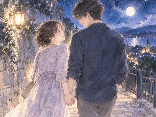 夜道で好きな人とそっと手を繋ぐ女性
