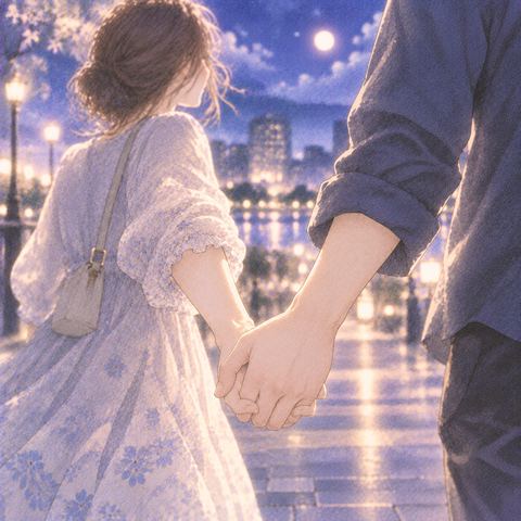 二人が右手を自然に繋いでいる夢の場面