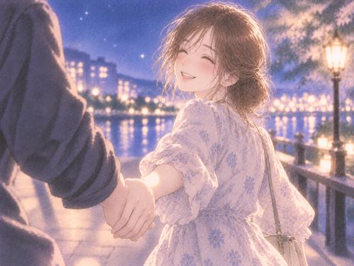 手を繋いで嬉しそうに微笑む女性