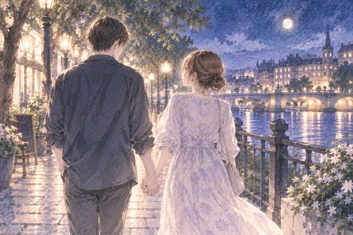 夜の街を彼氏と手を繋いで歩く女性