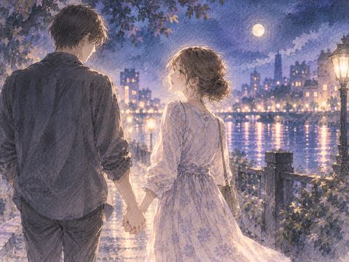 淡い夜景の中で元彼と手を繋ぐ女性