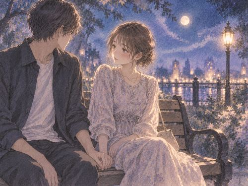夜のベンチで異性と手を繋ぐ女性