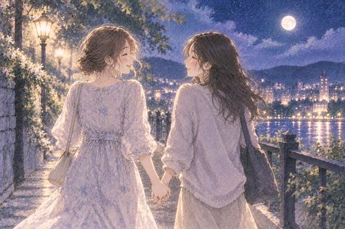 夜道で友人女性と手を繋ぐ大人の女性