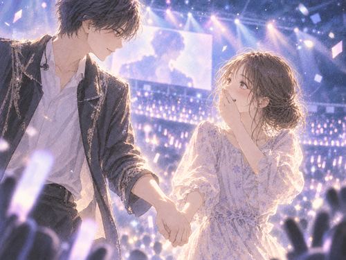 憧れの推しと手を繋いで喜ぶ女性
