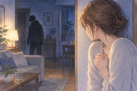 家の中の見知らぬ人に戸惑う女性