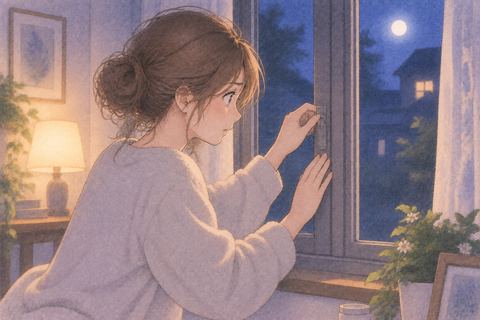 夜の家で窓の戸締まりを確認する女性