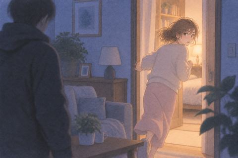 侵入者から離れて安全な部屋へ向かう女性