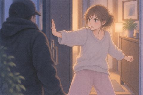 侵入者の前で家を守ろうと立つ女性