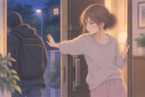 侵入者を玄関の外へ出す女性