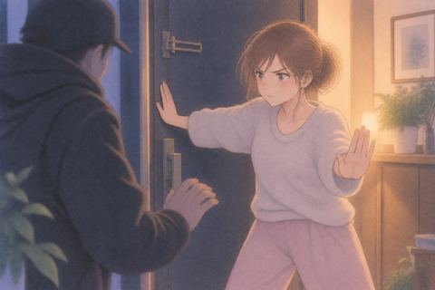 侵入者を見失わず落ち着いて制する女性