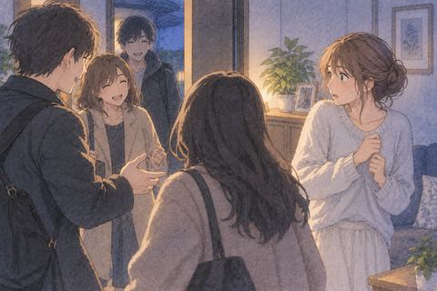 家に入る複数の人を見て困惑する女性