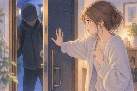 玄関から入る人物を止めようとする女性