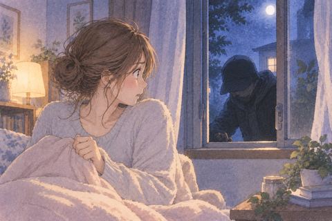 窓から入ろうとする人影に気づく女性