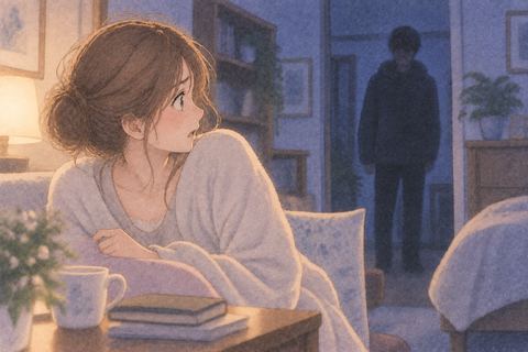部屋にいる侵入者に気づいて驚く女性