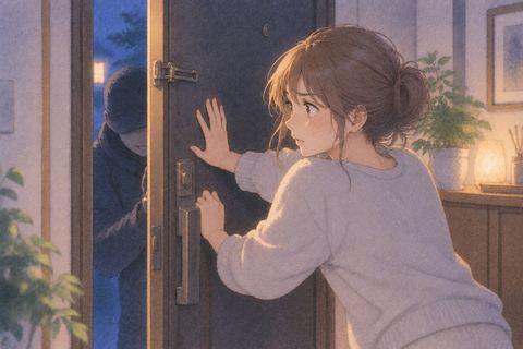 扉を押さえて侵入を防ごうとする女性
