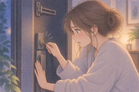 閉まらない玄関の鍵を確かめる女性