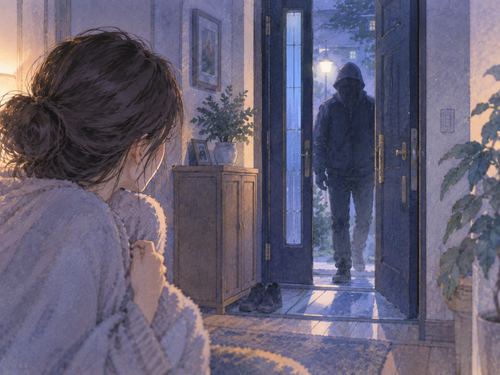 夜の玄関から家へ入ってくる強盗の人影