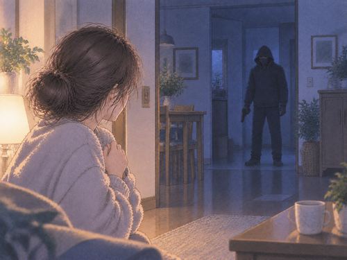 離れた位置に銃を持つ強盗の人影がいる夜の室内