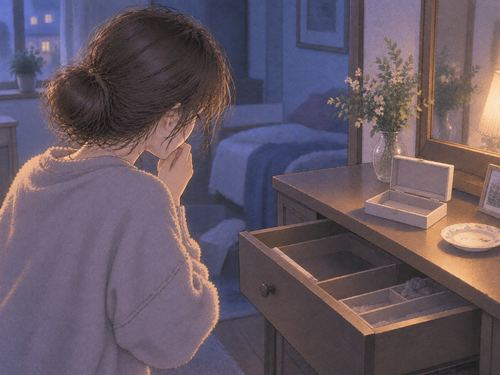 開いた引き出しと物がなくなった場所を見る人物