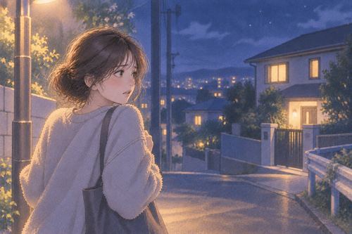 夜道の安全な場所で家を遠く振り返る人物
