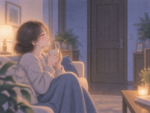 閉じた扉のある安全な部屋で安心する人物